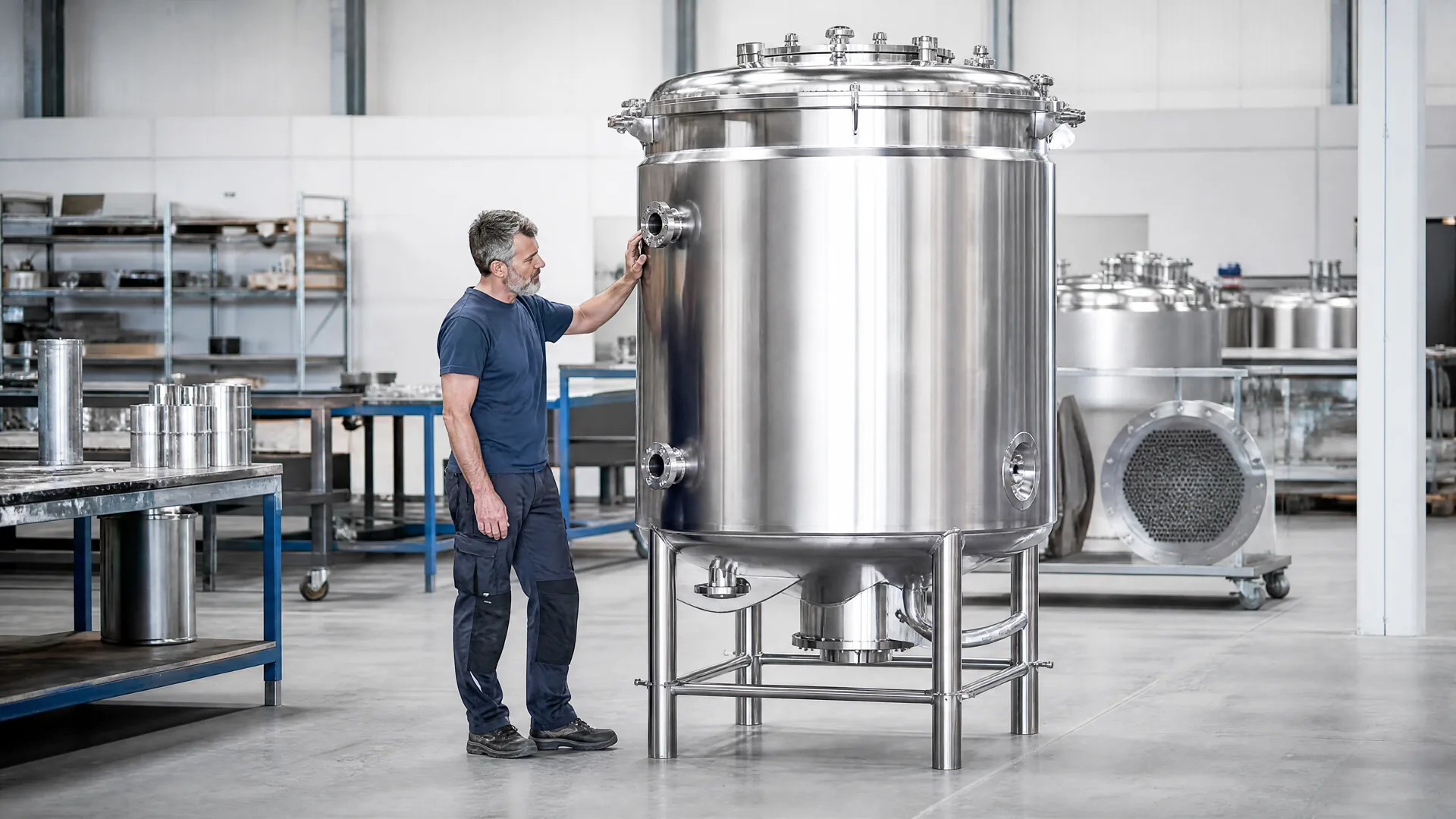 Experienced person beside a complete assembled stainless-steel tank
