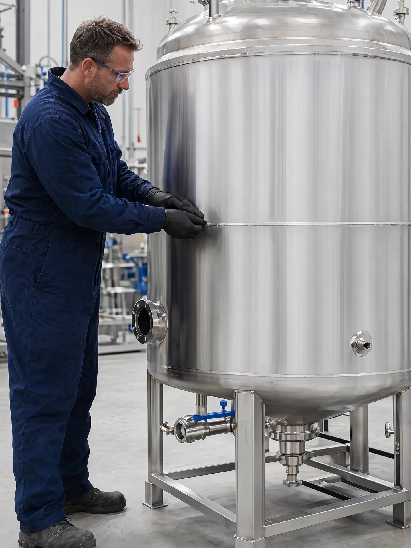 Experienced fabricator reviewing tank seam and connection quality