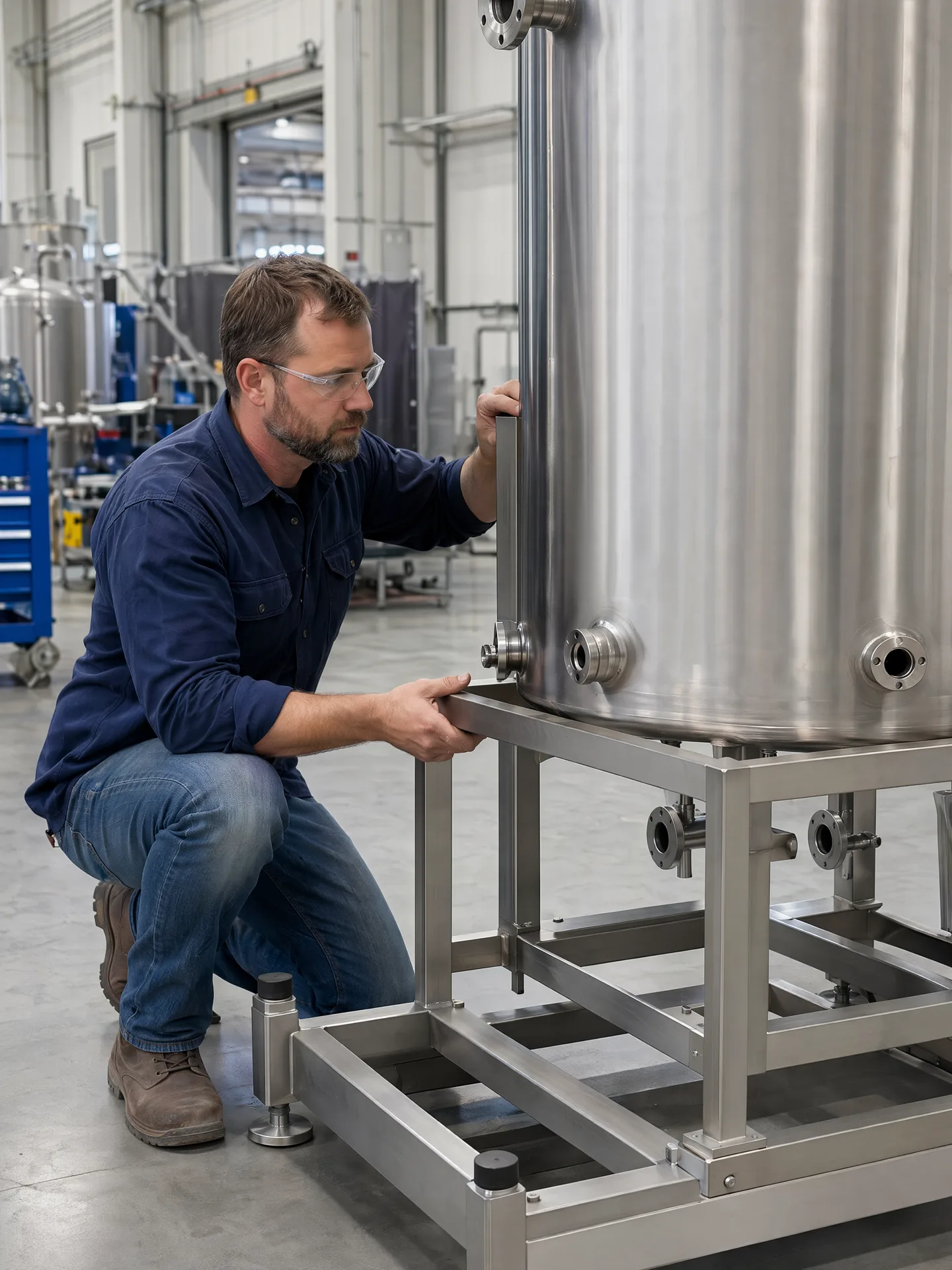 Assembler coordinating tank and support-frame fit-up