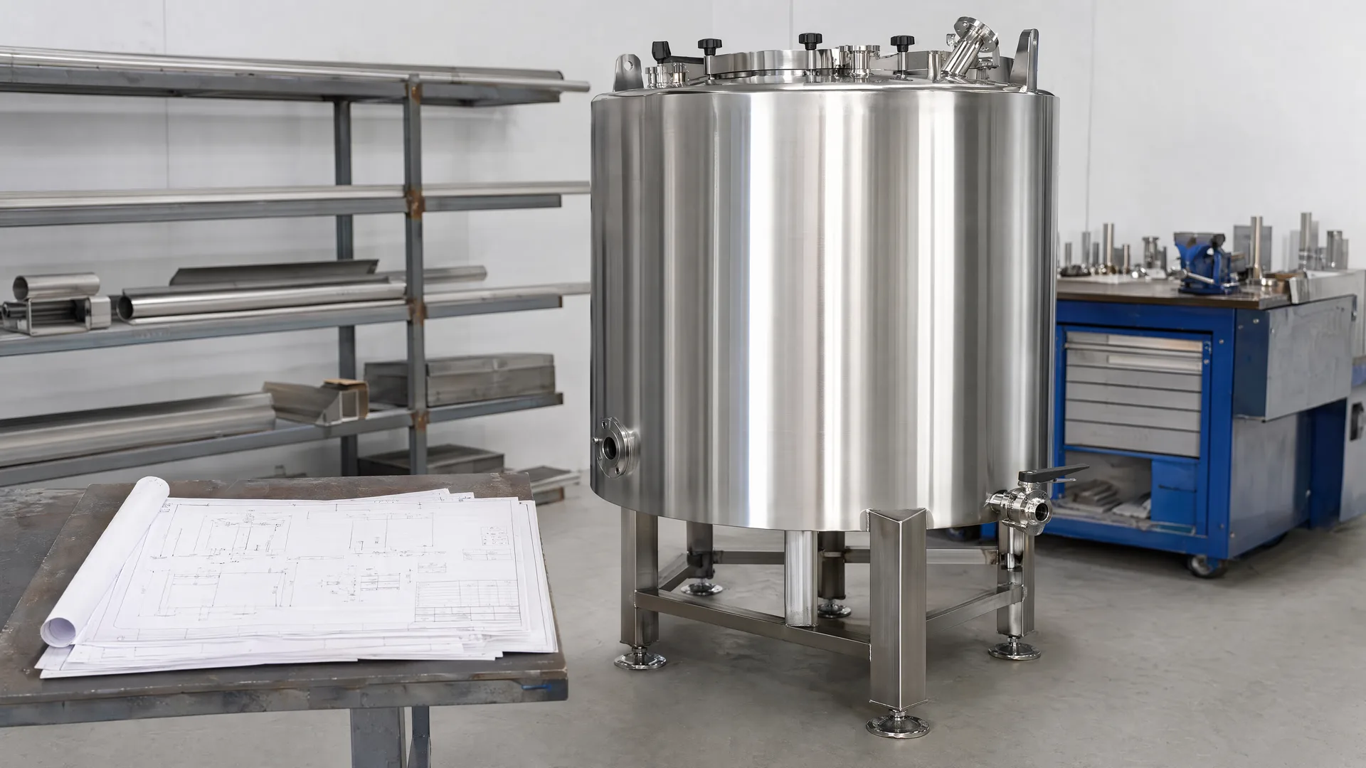Confidential generic drawing package beside a representative custom tank