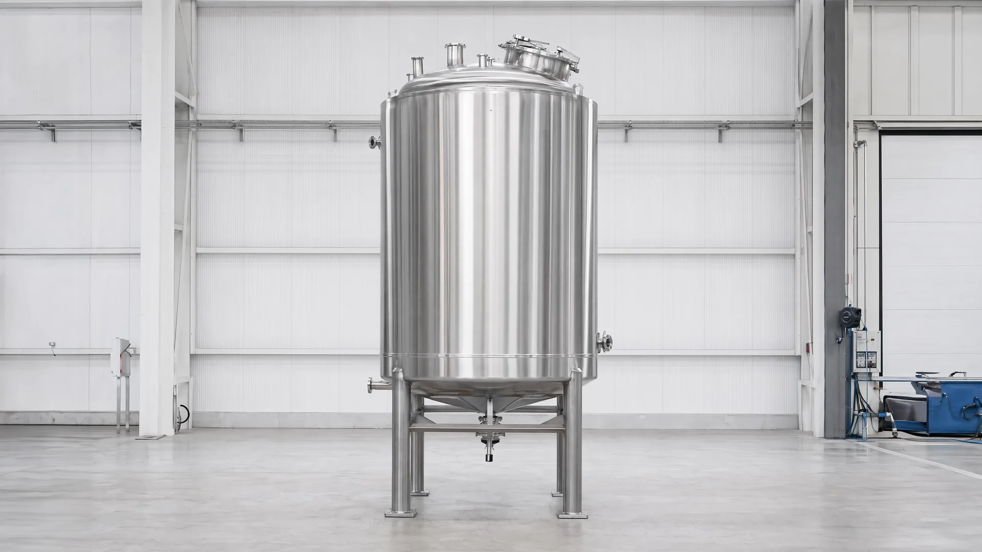 Complete vertical stainless-steel tank typology in a neutral workshop
