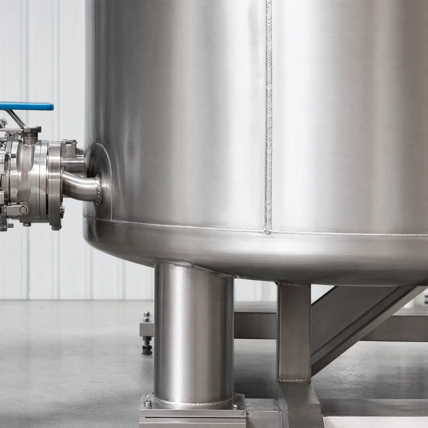 Controlled weld and connection detail on a stainless-steel tank