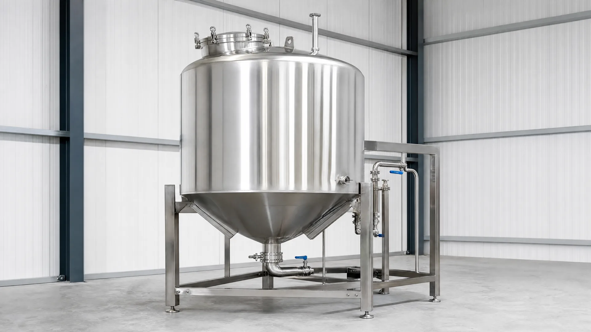 Complete stainless-steel chemical tank with coordinated frame and connected interfaces