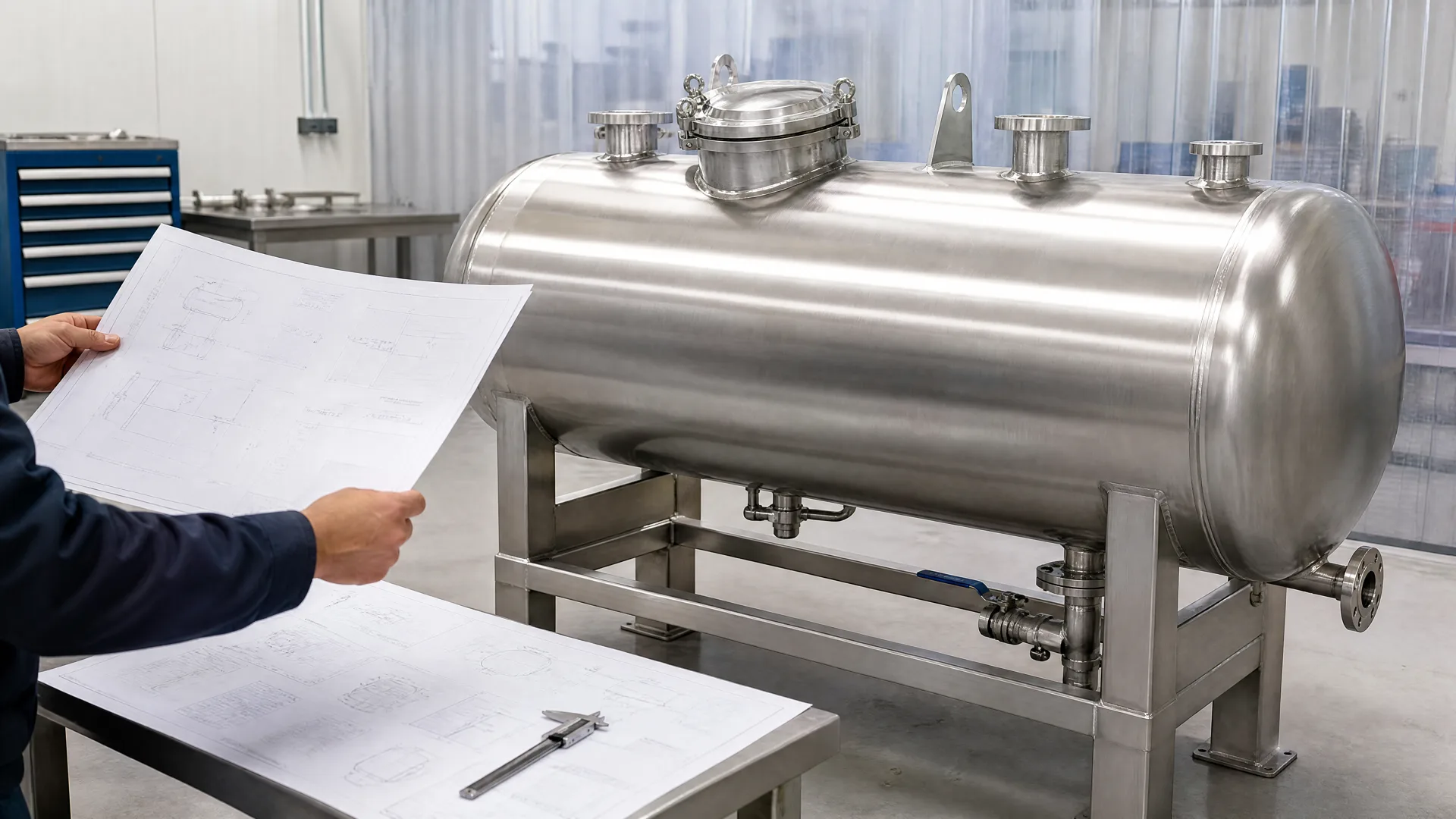 Manufacturing review of a confidential drawing beside a horizontal stainless-steel tank