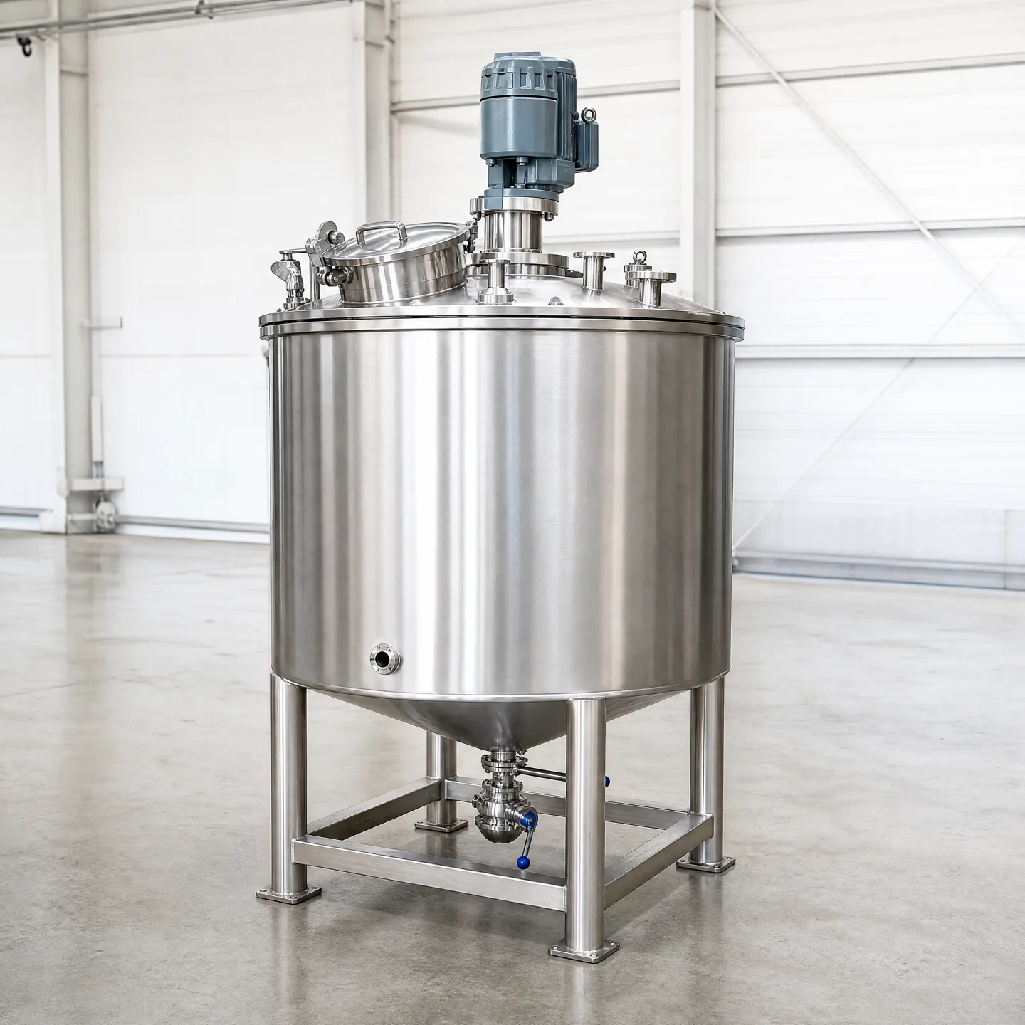 Complete assembled vertical tank in a bright neutral workshop