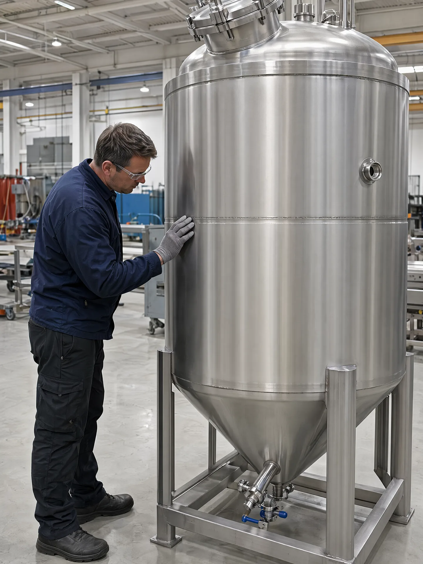 Experienced fabricator inspecting the seam of a vertical stainless-steel tank