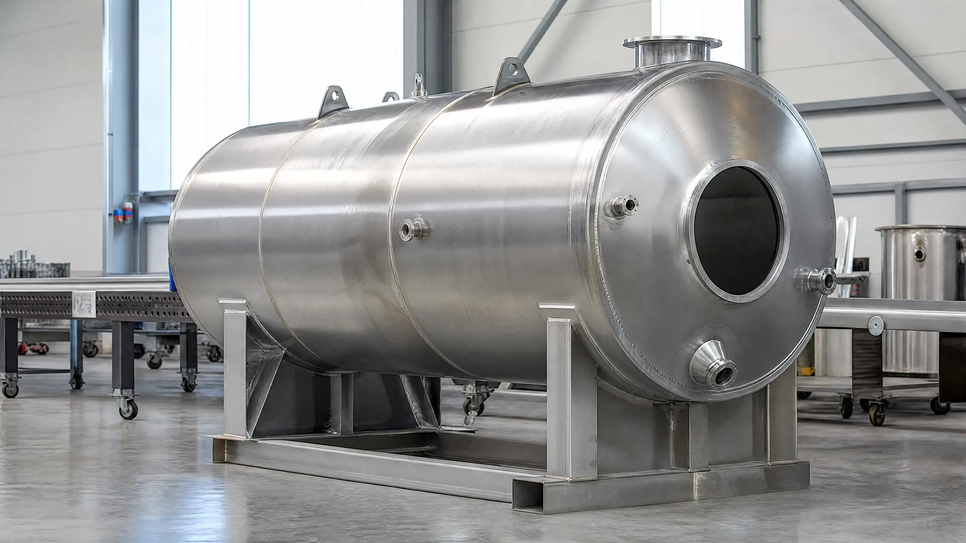 Horizontal stainless-steel tank shell in progress on stable supports