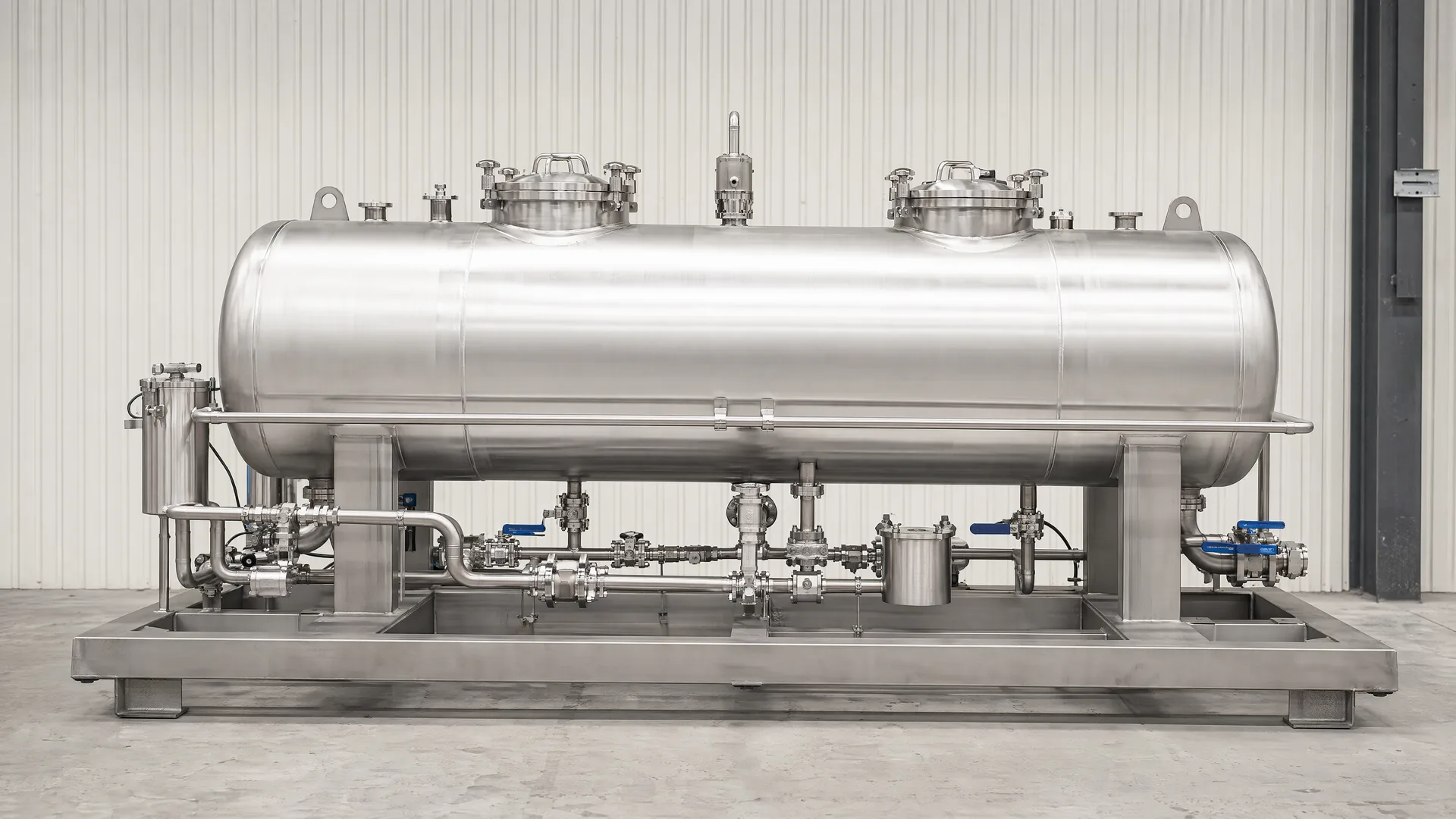 Complete horizontal skid-mounted tank with accessible coordinated interfaces