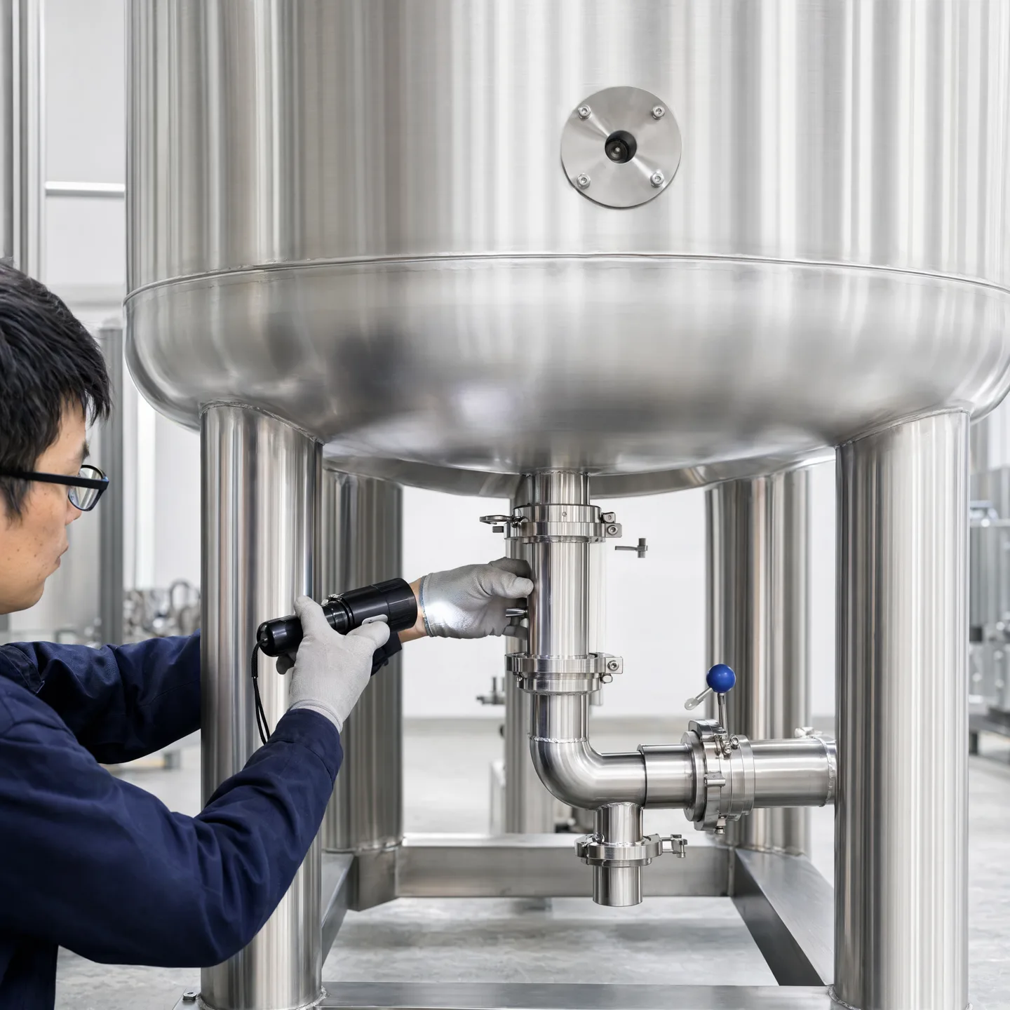 Technician performing a gas-tightness or leak inspection at a tank interface
