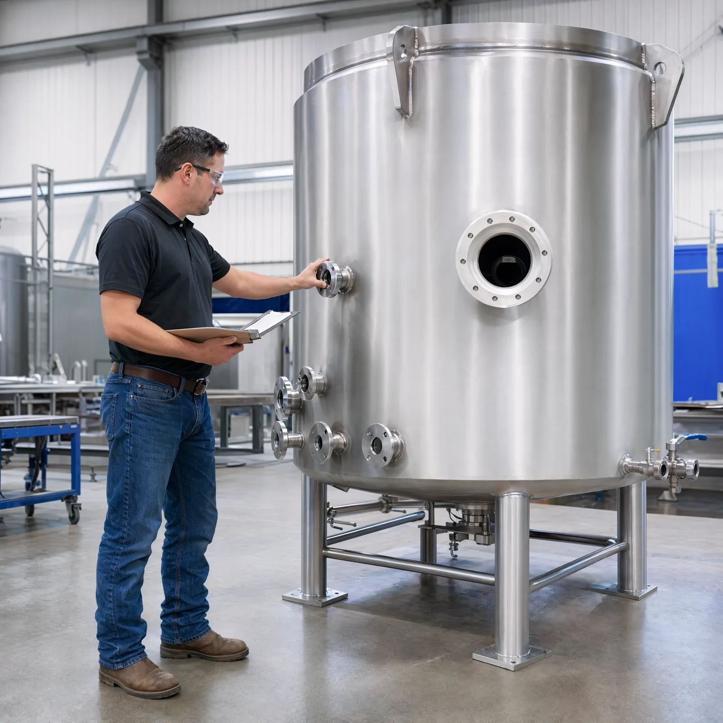 Engineer clarifying agreed tank interfaces beside a complete unit