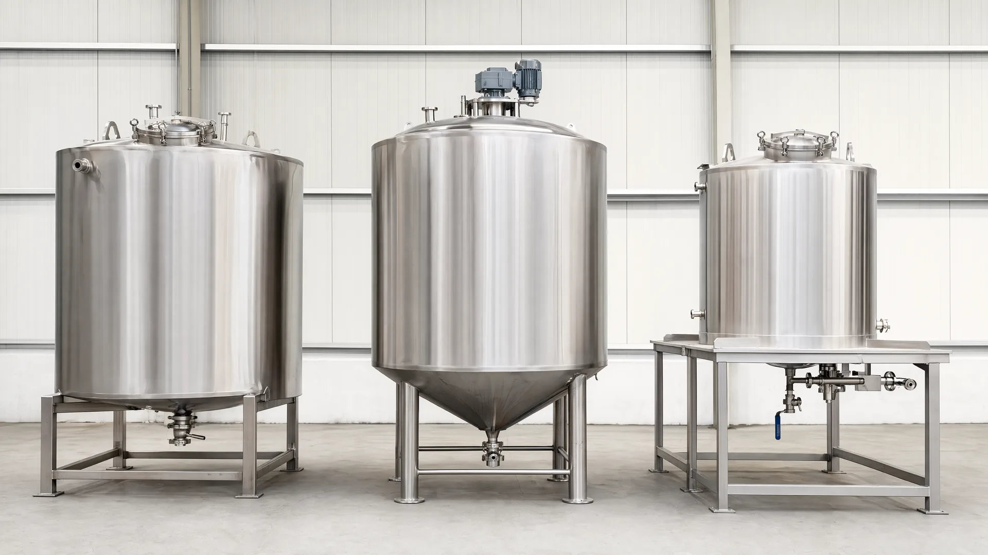Representative lineup of three distinct completed stainless-steel tank configurations